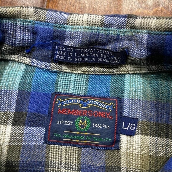Members Only Vintage 80s Plaid Flannel Blue Grey Button Down Shirt Men's Large - Picture 7 of 7